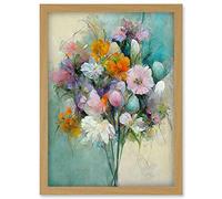 Doppelganger33 LTD Watercolour Pink Orange And Teal Spring Flower Bouquet Illustration Artwork Framed Wall Art Print A4