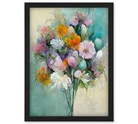 Doppelganger33 LTD Watercolour Pink Orange And Teal Spring Flower Bouquet Illustration Artwork Framed Wall Art Print A4