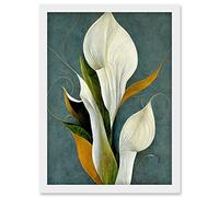 Doppelganger33 LTD White Calla Lily Bouquet Flowers In Blue Background Realism Artwork Framed Wall Art Print A4