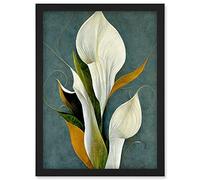 Doppelganger33 LTD White Calla Lily Bouquet Flowers In Blue Background Realism Artwork Framed Wall Art Print A4