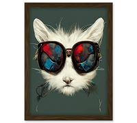 Doppelganger33 LTD White Cat Head With Aviator Sunglasses Painting Artwork Framed A3 Wall Art Print