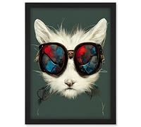 Doppelganger33 LTD White Cat Head With Aviator Sunglasses Painting Artwork Framed A3 Wall Art Print