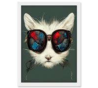 Doppelganger33 LTD White Cat Head With Aviator Sunglasses Painting Artwork Framed A3 Wall Art Print