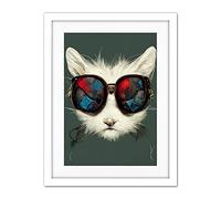Doppelganger33 LTD White Cat Head With Aviator Sunglasses Painting Artwork Framed Wall Art Print 18X24 Inch