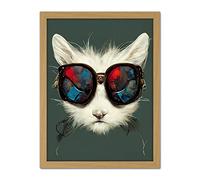 Doppelganger33 LTD White Cat Head With Aviator Sunglasses Painting Artwork Framed Wall Art Print 18X24 Inch