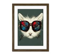 Doppelganger33 LTD White Cat Head With Aviator Sunglasses Painting Artwork Framed Wall Art Print 18X24 Inch