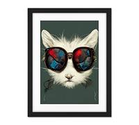 Doppelganger33 LTD White Cat Head With Aviator Sunglasses Painting Artwork Framed Wall Art Print 18X24 Inch