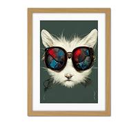 Doppelganger33 LTD White Cat Head With Aviator Sunglasses Painting Artwork Framed Wall Art Print 18X24 Inch