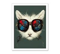 Doppelganger33 LTD White Cat Head With Aviator Sunglasses Painting Artwork Framed Wall Art Print 18X24 Inch