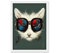 Doppelganger33 LTD White Cat Head With Aviator Sunglasses Painting Artwork Framed Wall Art Print A4