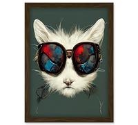 Doppelganger33 LTD White Cat Head With Aviator Sunglasses Painting Artwork Framed Wall Art Print A4