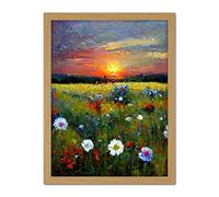 Doppelganger33 LTD Wildflower Floral Landscape Sunrise Oil Artwork Framed Wall Art Print 18X24 Inch