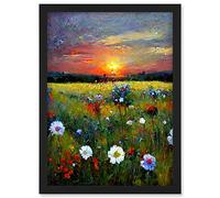 Doppelganger33 LTD Wildflower Floral Landscape Sunrise Oil Artwork Framed Wall Art Print A4