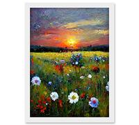 Doppelganger33 LTD Wildflower Floral Landscape Sunrise Oil Artwork Framed Wall Art Print A4