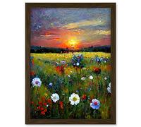 Doppelganger33 LTD Wildflower Floral Landscape Sunrise Oil Artwork Framed Wall Art Print A4