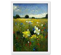 Doppelganger33 LTD Wildflower Summer Meadow Floral Landscape Oil Artwork Framed Wall Art Print A4