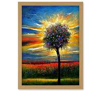 Doppelganger33 LTD Wildflower Tree Sunset Poppy Meadow Oil Artwork Framed Wall Art Print A4