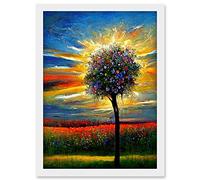 Doppelganger33 LTD Wildflower Tree Sunset Poppy Meadow Oil Artwork Framed Wall Art Print A4