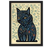 Doppelganger33 LTD William Morris Floral Blue Cat Illustration Artwork Framed Wall Art Print A4