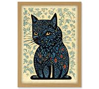 Doppelganger33 LTD William Morris Floral Blue Cat Illustration Artwork Framed Wall Art Print A4