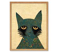 Doppelganger33 LTD William Morris Style Floral Blue Cat Art Print Framed Poster Wall Decor 12x16 inch