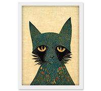 Doppelganger33 LTD William Morris Style Floral Blue Cat Artwork Framed Wall Art Print A4