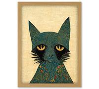 Doppelganger33 LTD William Morris Style Floral Blue Cat Artwork Framed Wall Art Print A4