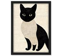 Doppelganger33 LTD Woodblock Cute Black And White Cat Japanese Ukiyo-e Artwork Framed Wall Art Print A4