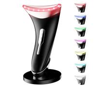 Dopsikn 7 Color Light Therapy Facial Massager with Adjustable Vibration and Thermals for Wrinkles, Double Chin, Red Light Skin Care Tool with Base, Black
