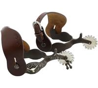 Doqn Men's Western Antique Spurs with Leather Spur Straps, Engraved German Silver Trims,Iron 3/4" Band,2-1/4" Shank