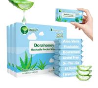 Dorahoney Mini Flushable Wet Wipes Travel Size with Aloe Vera, Unscented Moist Toilet Tissue, 99% Water, Hypoallergenic, Pocket-Sized for Adults, Kids and Baby Care, 24 Pack (144 Wipes Total)