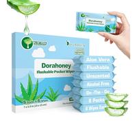 Dorahoney Mini Flushable Wet Wipes with Aloe Vera, Travel Unscented Moist Toilet Tissue, 99% Water, Hypoallergenic, Plastic-Free, Pocket-Sized for Adults, Kids and Baby Care, 8 Pack (48 Wipes Total)