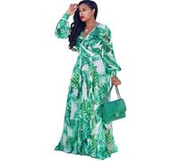 Dora's Womens Chiffon V-Neck Printed Floral Maxi Dress Long Sleeves Dresses High Waisted Belt Plus Size (Green XL)