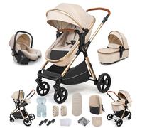 Doraystar 3 in 1 Baby Pram Travel System, Baby Pushchair 3 in 1, Newborn Stroller Reversible Two Pushing Modes, Toddler Buggy with One-Click Folding, Infant Carriage Aluminum Frame (H2 Yellowish)