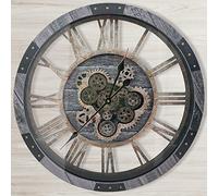 DORBOKER 24" Large Wall Clock with Moving Gears,Oversize Vintage Industrial Rustic Farmhouse Clocks for Living Room Decor Office Home,Solid Wood HD Tempered Glass Cover,Carbon Grey