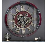 DORBOKER 27" Original Moving Gears Wall Clock, Large Industrial Wall Clock for Living Room Decor, Retro Metal Solid Wood Vintage Farmhouse Steampunk Rustic Clocks for Wall Decor,Cherry Red