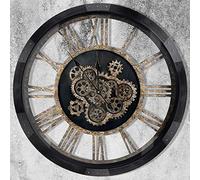DORBOKER 36" Extra Large Wall Clock with Moving Gears, Oversized Giant Industrial Steampunk Rustic Clocks for Wall Decor Living Room Home Office, Solid Wood Vintage Black and Bronze Gears