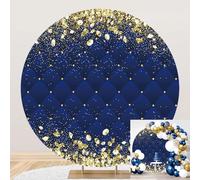 DORCEV 6.5x6.5ft Blue Gold Birthday Party Round Backdrop Cover Glitter Dots Gold Diamonds Blue Lozenge Wedding Party Backdrop Portrait Background Props Adults Kids Happy Birthday Circle Backdrop Cover