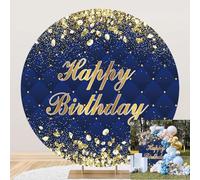 Dorcev 6.5x6.5ft Blue & Gold Happy Birthday Round Backdrop Cover with Gold Glitter Dots & Diamonds Sapphire Blue Lozenge Party Background for Kids & Adults