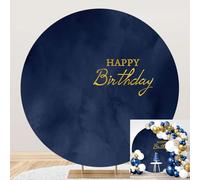 DORCEV 6.5x6.5ft Polyester Navy Blue Happy Birthday Round Backdrop Cover Navy Blue Marble Texture Birthday Background for Photography Kids Adults Boy Man Bday Banquet Party Portrait Decor Props