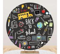 DORCEV 7.2x7.2ft Back to School Round Backdrop Cover Drawing Chalkboard Circle Backdrop First Day of School Ornaments Photography Background for Kids Teachers Students School Classroom Supplies Props