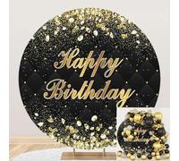 Dorcev 7.2x7.2ft Black Gold Glitter Happy Birthday Round Backdrop Cover - Black & Gold Sequins Diamonds