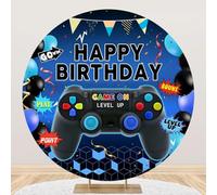 DORCEV 7.2x7.2ft Game On Level Up Round Backdrop Cover Video Game Boys Gaming Happy Birthday Circle Backdrop Background Gamepad Remote Control Gamer Background for Boy Birthday Party Decoration Banner