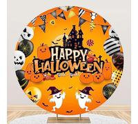 DORCEV 7.2x7.2ft Happy Halloween Round Backdrop Cover Trick Or Treat Halloween Pumpkin Party Decor Background Scary Halloween Arch Backdrop Cover Castle Ghosts Bats Kids Boy Girl Birthday Party Props