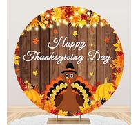 DORCEV 7.2x7.2ft Happy Thanksgiving Day Round Backdrop Cover Autumn Fall Harvest Cartoon Turkey Arch Backdrop Cover Rustic Wood Board Maple Leaves Photography Background Holiday Dinner Party Decor