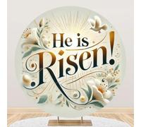 DORCEV 7.2x7.2ft He is Risen Easter Round Backdrop Cover Holy Light Floral Easter Jesus Resurrection Cross Happy Easter Background for Church Easter Party Props Christ School Christian Event Supplies