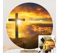 DORCEV 7.2x7.2ft Jesus Christ Cross Round Backdrop Cover Heaven Sunrise Sunset Mountain Holy Light Photography Background Jesus Resurrection Christian Crucifixion Church Event Party Backdrops Decor