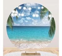 DORCEV 7.2x7.2ft Tropical Beach Round Backdrop Cover Seaside Ocean String Lights Summer Party Photo Background Blue Sky White Clouds Aloha Hawaii Party Circle Backdrop Bridal Shower Birthday Decor