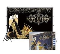DORCEV 8x6ft Happy Birthday Backdrop Lady Queen Theme Birthday Party Lady Birthday Prom Party Background Shiny Golden Crown High Heel Shoes Party Cake Table Banner Birthday Photo Studio Props