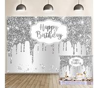 DORCEV 9x6ft Happy Birthday Backdrop Silver Glitter Sparkle Sequins Luxury Dreamlike Photography Background for Elegant Woman Girly Birthday Party Banner Decor Video Shooting Vinyl Studio Props